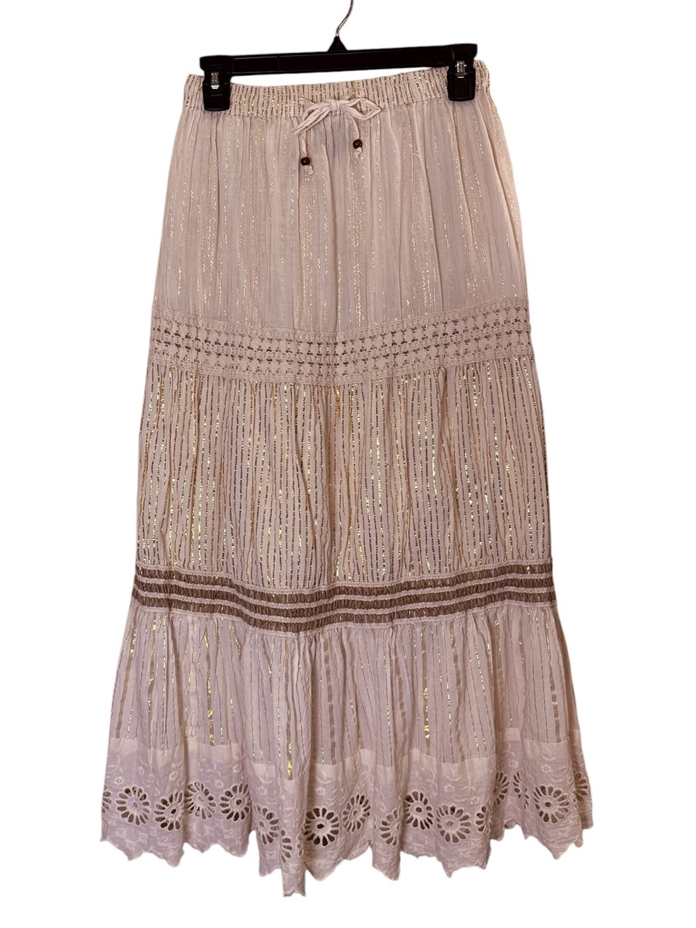 NAOO Women’s Beige and Gold Eyelet Cotton Tiered Maxi Boho Prairie Skirt sz M